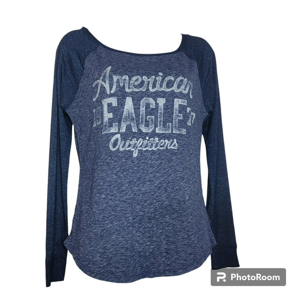 American Eagle Favorite T Shirt, Women S, Blue w/White Logo, Metallic Sleeve EUC
